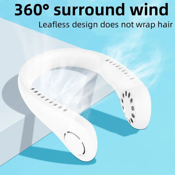 Portable Bladeless Neck Fan – USB Rechargeable Hands-Free 360° Cooling Fan (1200mAh)