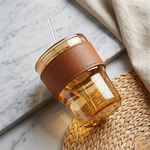 Premium Amber Glass Coffee Tumbler – 400ml Travel Mug with Glass Straw & Leather Sleeve