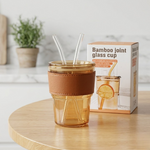 Premium Amber Glass Coffee Tumbler – 400ml Travel Mug with Glass Straw & Leather Sleeve