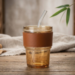 Premium Amber Glass Coffee Tumbler – 400ml Travel Mug with Glass Straw & Leather Sleeve