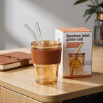Premium Amber Glass Coffee Tumbler – 400ml Travel Mug with Glass Straw & Leather Sleeve